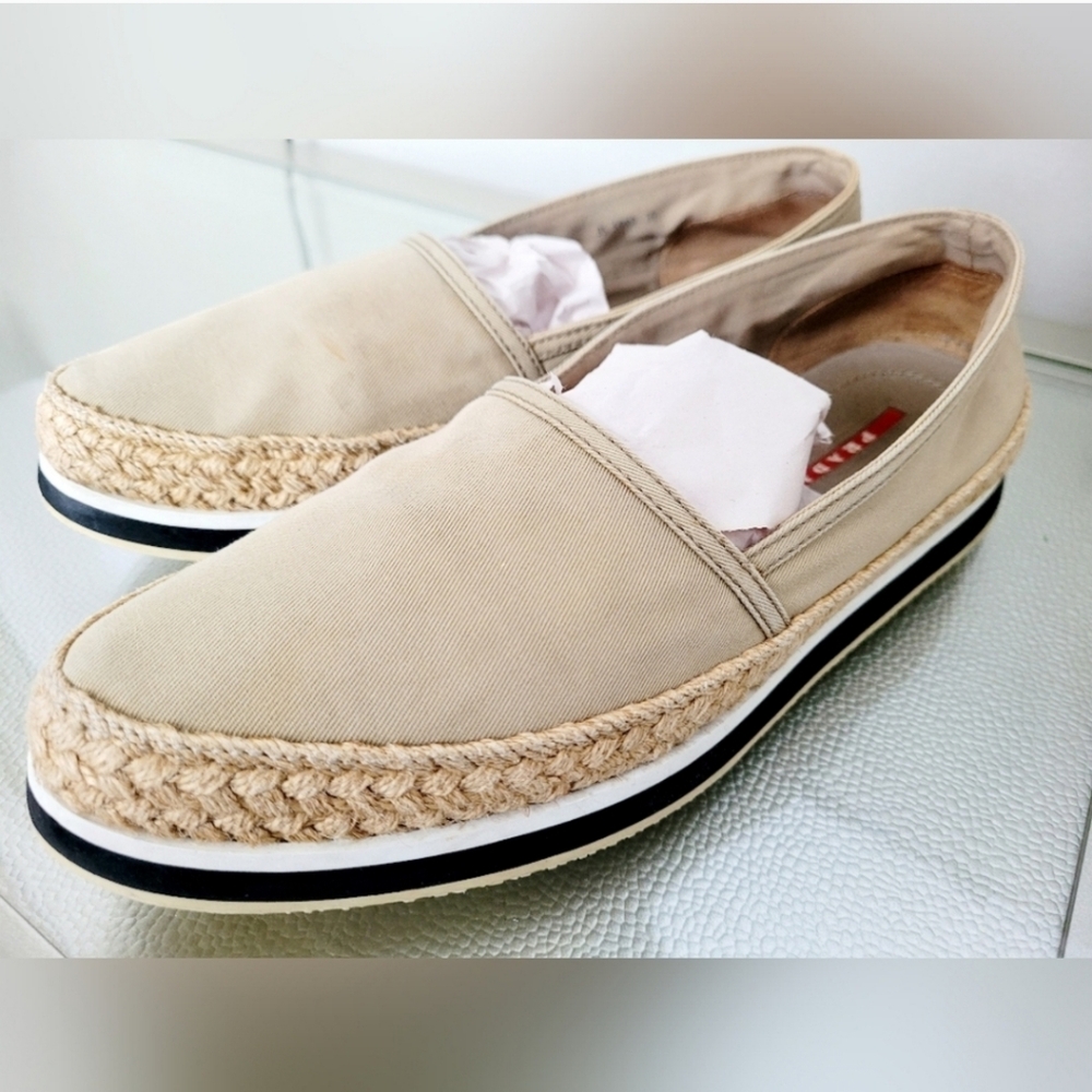 PRADA Gabardine Espadrille Slip-On Platform Canvas Shoes Tan/Khaki IT39/US8.5